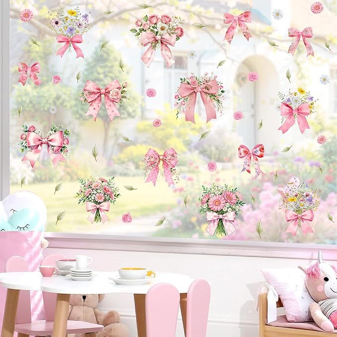 Bow Floral Window Cling Pink Bowknot Bouquet Window Stickers Watercolor Floral Flower Window Wall Decals Peel and Stick Coquette Ribbon Bow Wall Stickers for Girls Room Bedroom Nursery Decor