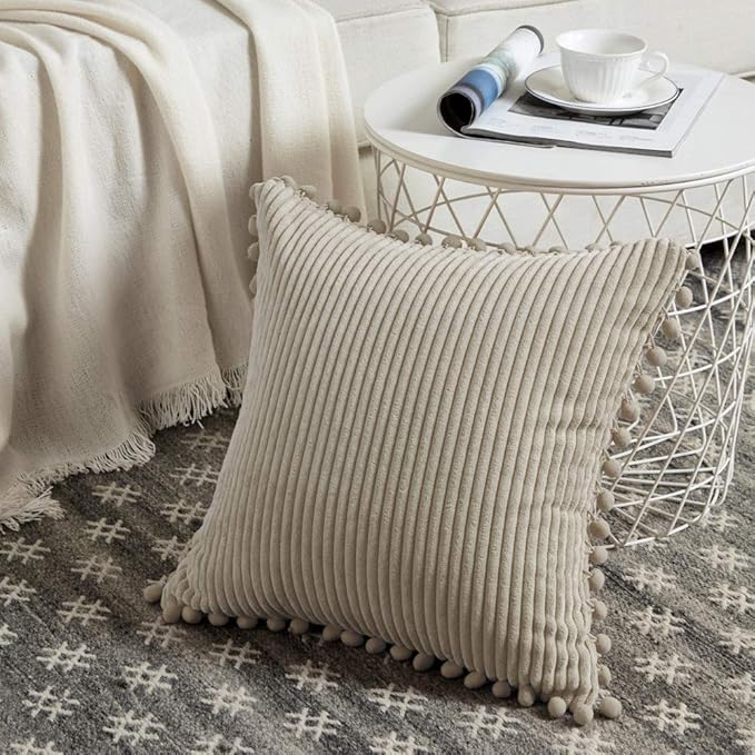 Fancy Homi Set of 2 Tan Decorative Throw Pillow Covers 12x12 Inch with Pom-poms for Couch Bed Sofa, Modern Farmhouse Boho Home Decor, Soft Plush Corduroy Cute Cushion Case 30x30 cm