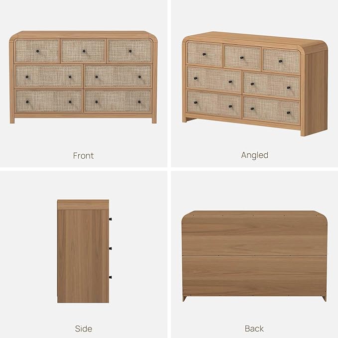 Oak&Sparrow 7 Drawer Dresser for Bedroom, 49'' Rattan Dresser with Ample Storage, Boho Chest of Drawers, Thickened Curved Profile Design, Oak Dressers for Bedroom, Living Room