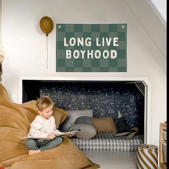 Long Live Boyhood Linen Banner – Boys Room Wall Hanging, Playroom & Nursery Decor, Toddler Room Flag, Aesthetic Boys Bedroom Sign – Forest Green & White
