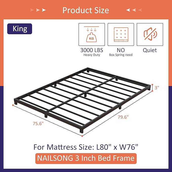 3 Inch Bed Frame King Size Low Profile, King Bed Frame No Box Spring Needed, Heavy Duty Metal, Easy Assembly, Black