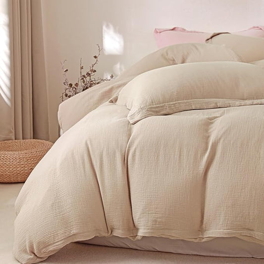 MorroMorn Muslin Duvet Cover Queen Size, 100% Breathable Cotton Comforter Cover Sets, Ultra Soft 2-Layer Gauze Duvet Cover Set 3 PCS with 2 Pillowcases, Lightweight Linen Like, 90"x90", Linen Beige