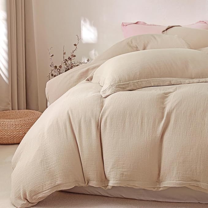 MorroMorn Muslin Duvet Cover California King Size, 100% Cotton Comforter Cover Set, Ultra Soft 3 Pieces 2-Layer Gauze Duvet Cover with 2 Pillowcases, Breathable Linen Like, 98"x104", Linen Beige