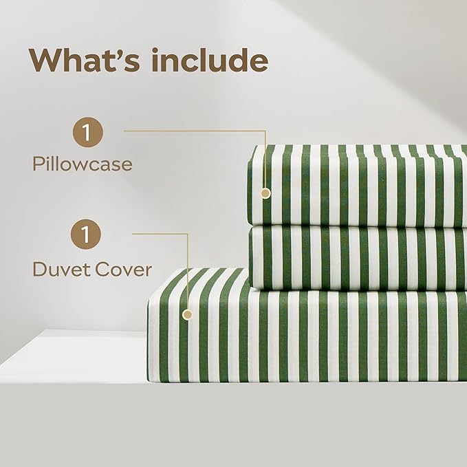 JELLYMONI 100% Natural Cotton 2pcs Striped Duvet Cover Sets,White Duvet Cover with Green Stripes Pattern Printed Comforter Cover,with Zipper Closure & Corner Ties(Twin Size)