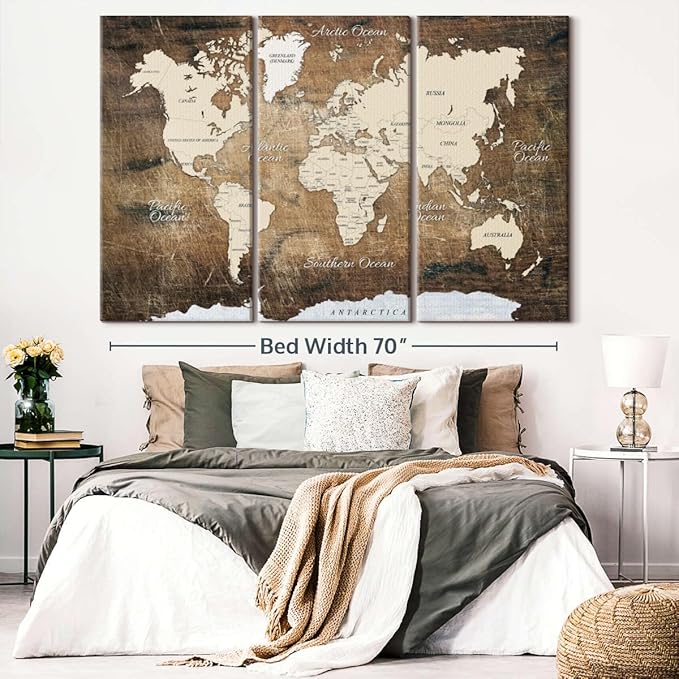 ElephantStock Aged Brown World Map I Wall Art - 3 Piece Canvas World Map Wall Decor - Ready-to-Hang Canvas Print - Vintage Wall Art - 74" X 48"