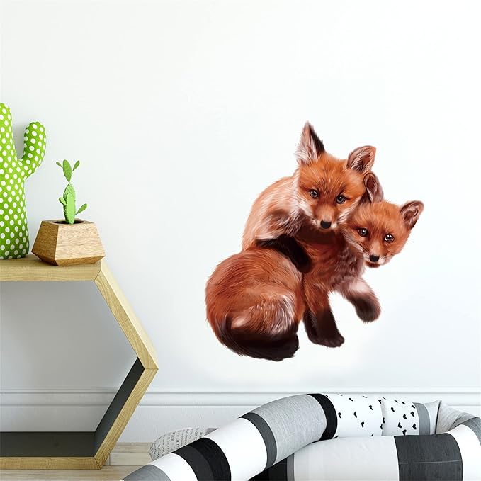 ROFARSO Lifelike Cute Lovely Two Little Foxes Animal Wall Stickers Removable Wall Decals Peel and Stick Wall Art Decorations Home Decor for Kid Nursery Baby Bedroom Living Room Playing Room Murals