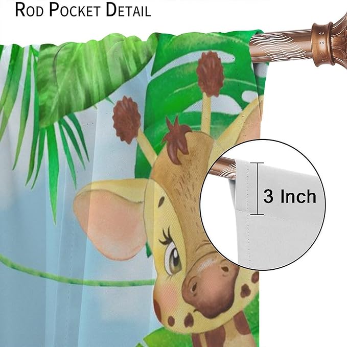 Kids Animals Blackout Curtains Watercolor Cartoon Cute Animals Green Jungle Art Printed for Children Girls Boys Bedroom Nursery Rod Pocket Decoration Window Drapes 2 Panels W21xL45in