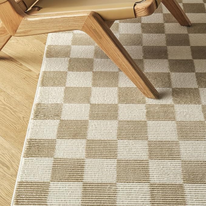 Revival Rugs Gambit 7'10"x10' Checkered Rug Washable Area Rug for Living Room Bedroom - 100% Recycled Oeko-TEX Certified, Medium Pile, Camel, Beige