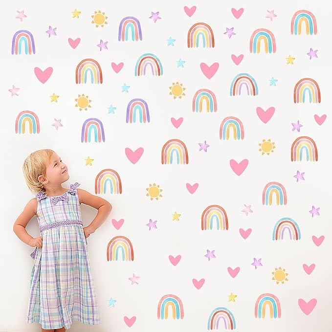 Rainbow Wall Decals Removable Peel and Stick Window Clings 4-Sheet Set with Sun, Rainbow, Heart Design for Girls Bedroom, Kids Room, Nursery Classroom Decor