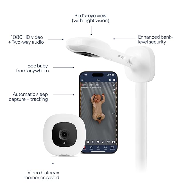 Nanit Essentials Smart Baby Monitor with Wall Mount – 1080p HD Wi-Fi Camera, Sensor-Free Breathing Monitoring, Sleep Tracking, Two-Way Audio, Night Vision, Sound & Motion Notifications, White