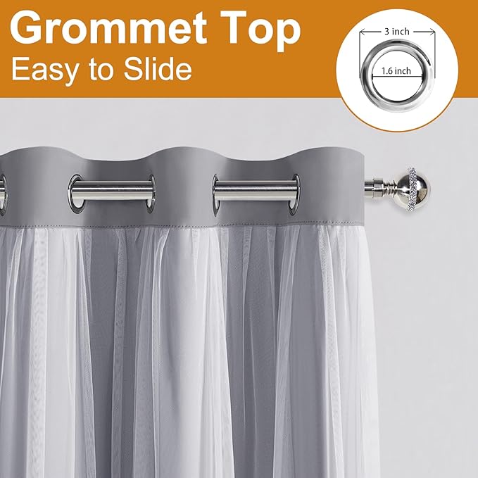 DWCN Double Layered Curtains for Living Room Blackout and Sheer Curtains with Tiebacks Grommet Top Window Curtain Panels with Sheer Overlay for Bedroom, 38 W by 63 L, Grey, 2 Pieces