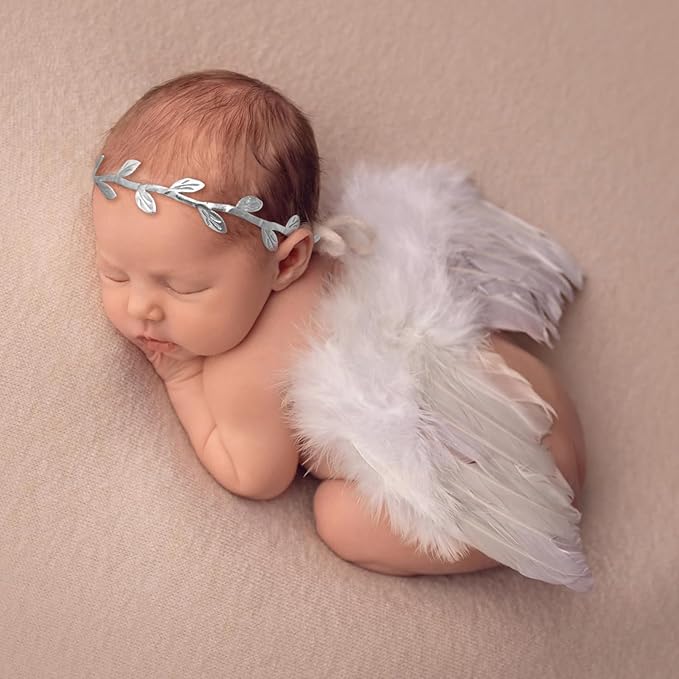White Angel Wings With Leaf Headband For Newborn Infant Photography Props Soft Feather Wings For Kids Photo Outfits Baby Girls Costume(Color A, One Size)