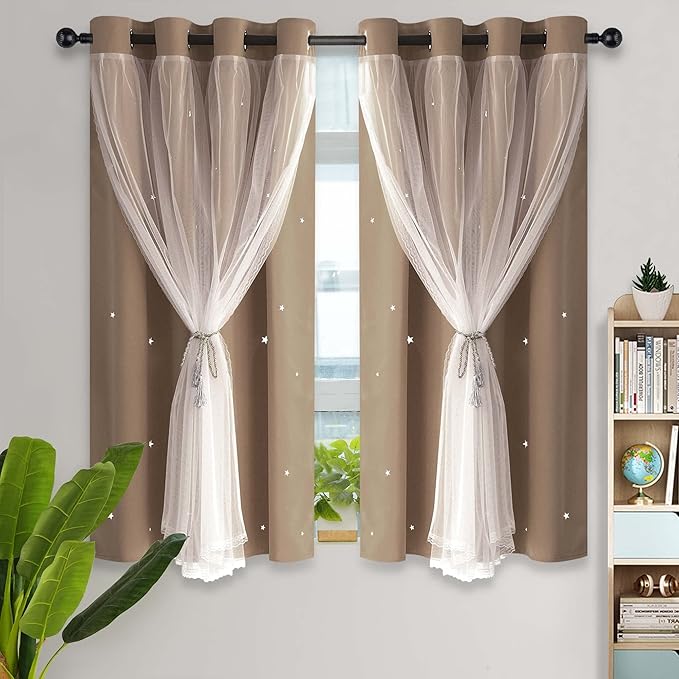 Kinryb Kids Blackout Curtains for Bedroom/Living Room/Classroom, Sheer Overlay Small 2 Panel Set, Double Layer Curtains with Star Cutout for Kids Room(W 52 x L 45 Inches,Coffe 2 Pcs)