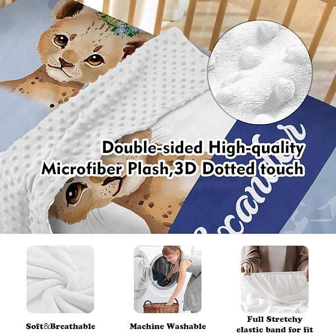 Custom Baby Crib Bedding Set - Blue Leopard Design Personalized Name Baby Nursery Bedding 3 Pcs Set - Chic Soft Blanket, Fitted Sheet, Room Rug for Newborns Boys Girls Gifts