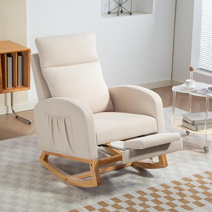 Rocking Chair Nursery Glider Chair with Foot Rest, Nursery Rocking Chairs with Rubber Wood Legs Side Pocket, High Back Nursing Chair, Accent Rocker Arm Chair Baby Bedroom, Living Room, Beige