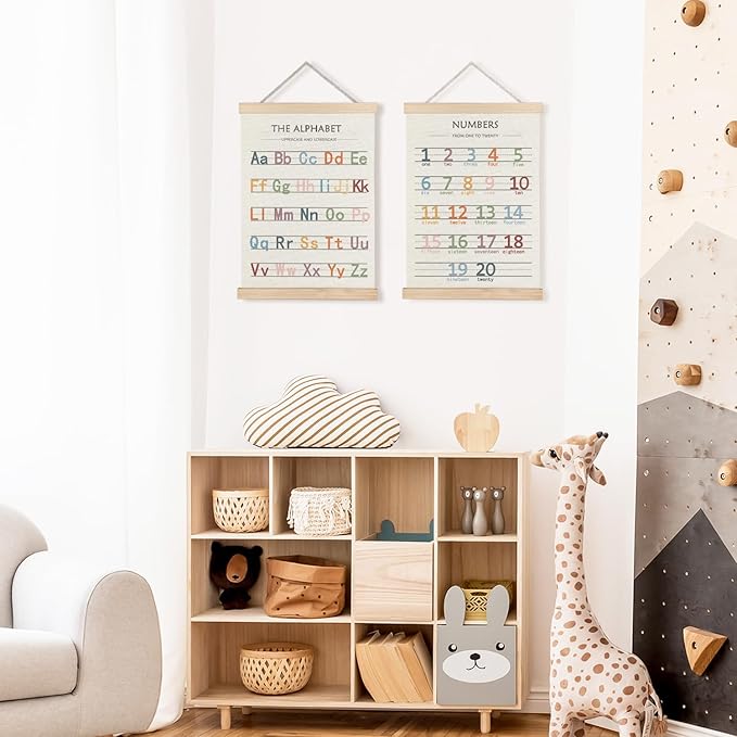 LUVADIAN Playroom Decor Alphabet Poster - Alphabet Numbers Educational Poster Hanger Frame Set of 2, Toddler Learning Posters for Nursery Kids Room Playroom Classroom Decor, 12x16 Inches