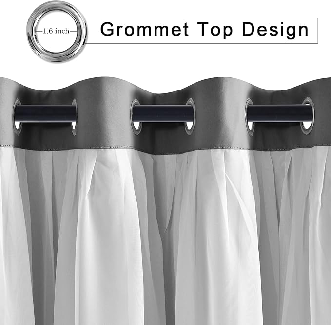 Hiasan Overlay Blackout Curtains 96 inches Long Thermal Insulated Double Layer Blackout Curtains with Tiebacks for Living Room Bedroom, Silver Grey, 42W X 96L,Set of 2