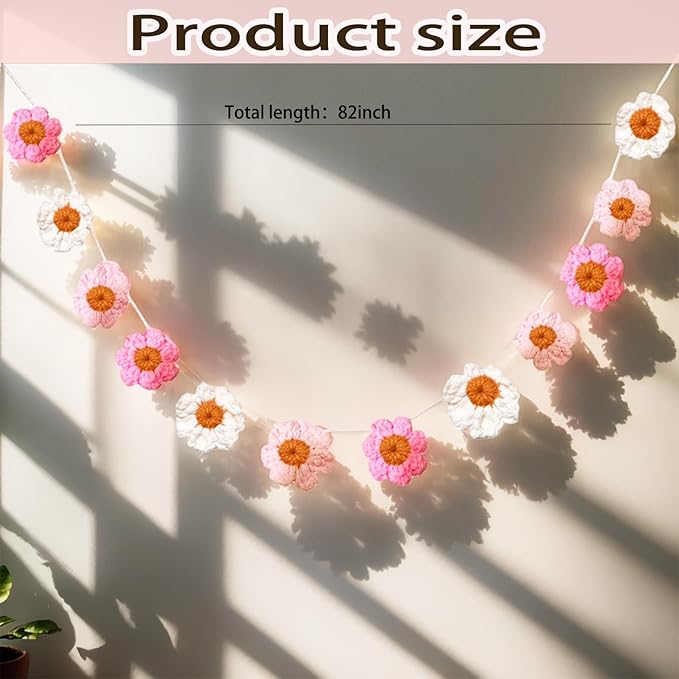 Boho Crochet Daisy Garland, Pink Flower Banner Garland Decoration, for Baby Girl Nursery Daisy Birthday Party Banner Baby Shower Decoration Hippie Groovy Decor