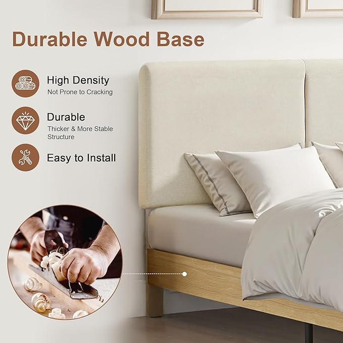 VECELO Queen Size Bed Frame Upholstered Platform Beds with Height-Adjustable Cotton and Linen Headboard, Heavy Duty Wood Slats, 6" Under-Bed Space, Noise-Free, No Box Spring Needed, Easy Assembly