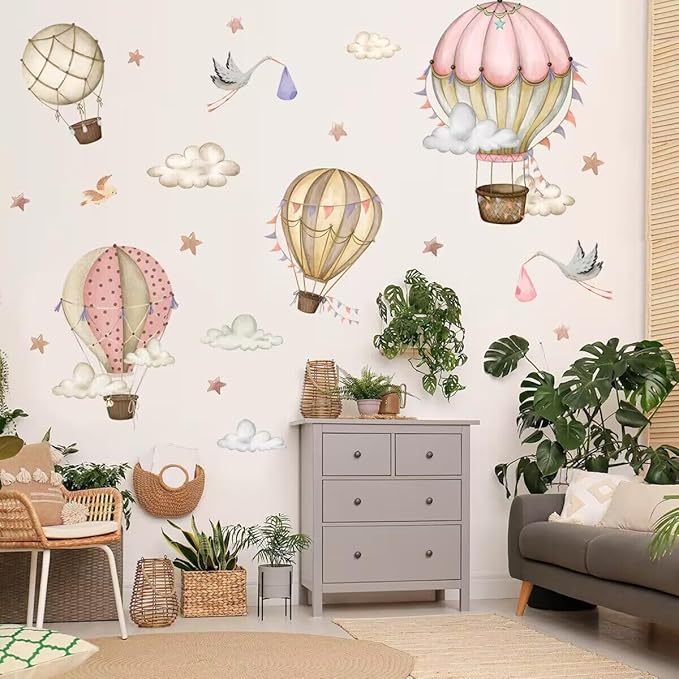 SANDOO Hot Air Balloon Wall Decals Peel and Stick - Neutral Nursery Decals,Stars Clouds Wall Stickers,Watercolor Wall Decal for Nursery Kids Room Playroom Bedroom Classroom Kindergarten Wall Decor