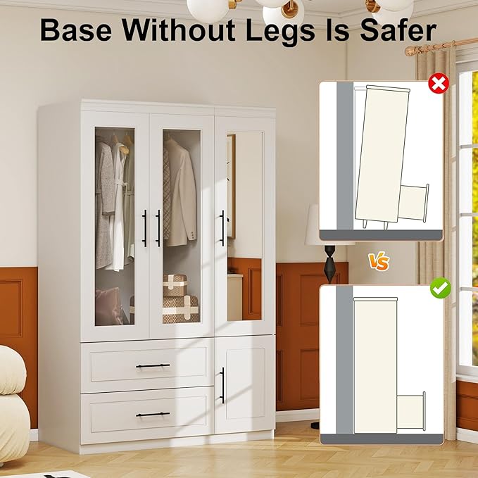 Armoire Wardrobe Closet with Mirror, 3 Door White Wood Wardrobe Closet Wooden Bedroom Armoire 2 Drawer with Hanging Rods for Home/Bedroom/Living Room White-50+51