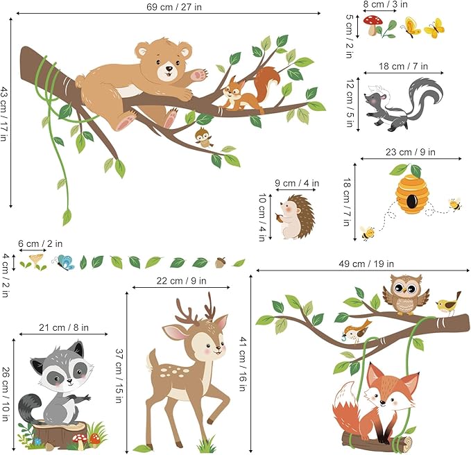decalmile Woodland Animals Tree Branch Wall Decals Forest Animals Bear Deer Fox Wall Stickers Living Room Baby Nursery Kids Room Wall Decor