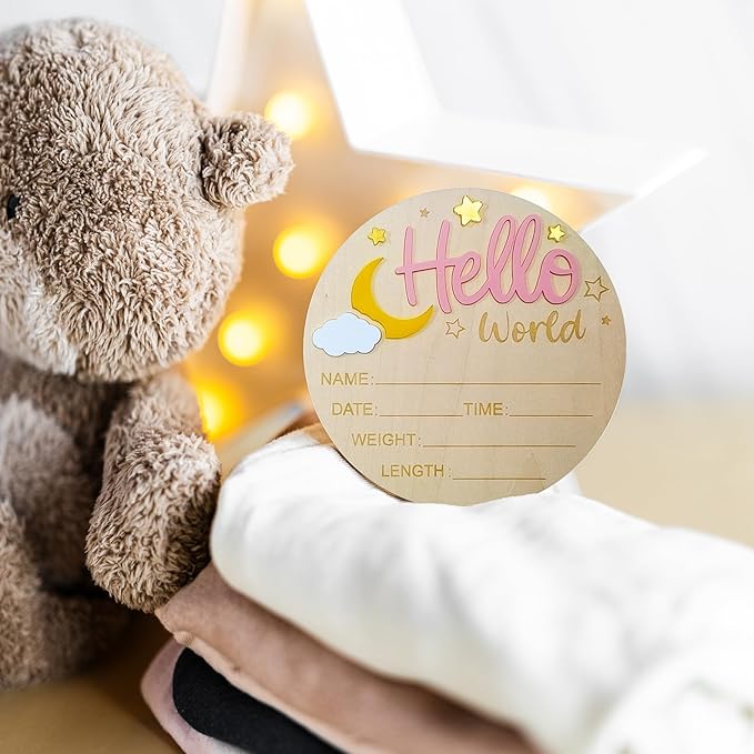2Pcs Baby Announcement Sign Set, 5.9 Inch Hello World Newborn Sign and IT’S A Girl Welcome Signs, Baby Name Sign with Ink Pad for Hand & Footprints, 3D Wooden Birth Gifts for Hospital Shower Nursery