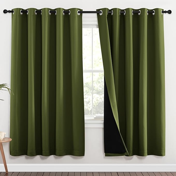 NICETOWN Full Shade Curtain Panels, 62 x 72 inch, Olive Green, Pair of Energy Smart & Noise Blocking Out Blackout Drapes for Dining Room Window, Thermal Insulated Guest Room Lined Window Dressing