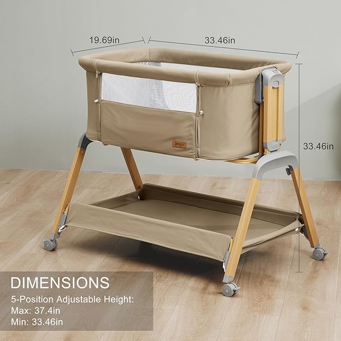 3 in 1 Baby Bassinet, Rocking Bassinets with Comfy Mattress and Wheels, Adjustable Height Bassinet Bedside Sleeper, Easy Folding Portable Crib for Newborn (Khaki)