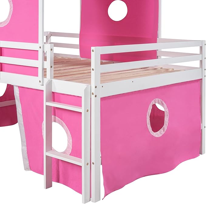 Playhouse Design Full Size Low Loft Bed with Slide & Tent and Tower, Solid Wood Tent Bed Frame for Kids Boys Girls, Versatile Spacious Under Bed Space with Curtains (Pink-TE)