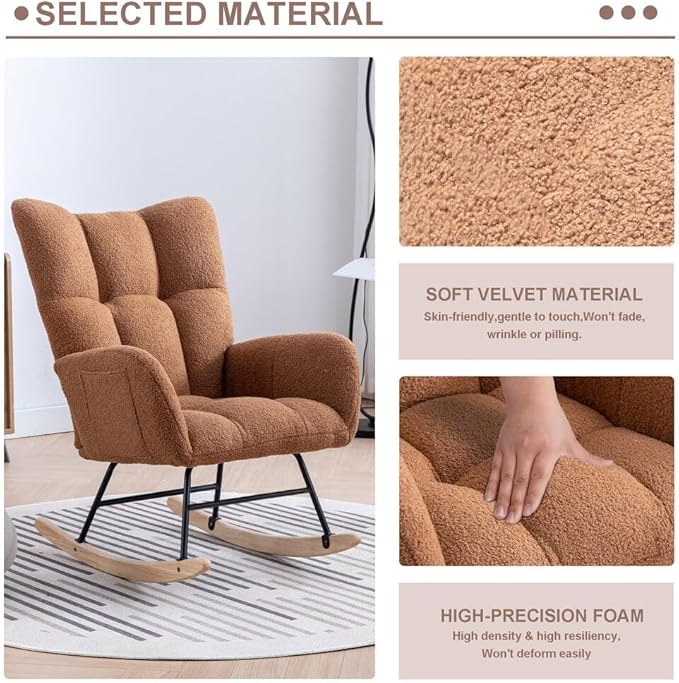 Nursery Rocking Chair Teddy Upholstered Glider Rocker Rocker Accent Chair with High Backrest Armchair Comfy Side Pocket Modern Rocking Accent Chairs for Living Room, Nursery, Office-Brown