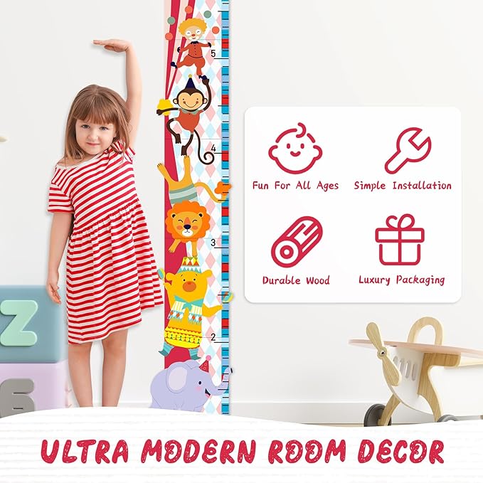 Personalized Growth Chart for Wall, Circus Animals Height Measurement for Kids, Wooden Growth Chart for Kids Room Nursery Wall Decor