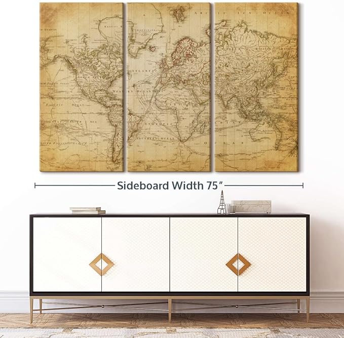 ElephantStock Old Century World Map Wall Art Multi Piece Canvas - 3 Piece Canvas World Map Wall Decor - Decor Ready-to-Hang Print - Vintage Wall Art - 74" X 48"
