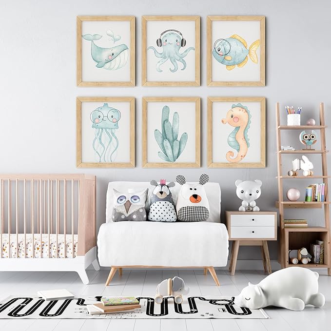 Blue Watercolor Nursery Wall Art Posters Set of 6 Ocean Animal Canvas Art Prints Pictures Sea Whale Jellyfish Seahorse Wall Decor Paintings Nautical Beach for Baby Kids Room 8x10 Inch Unframed﻿