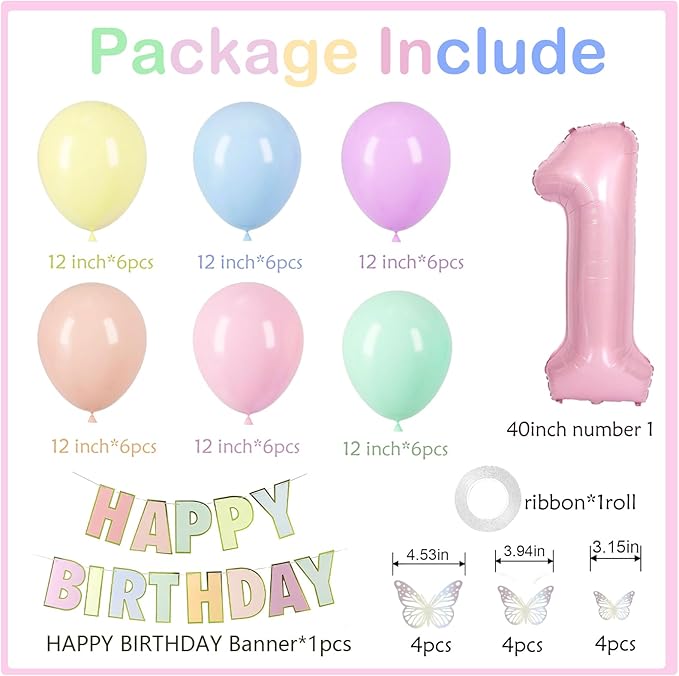 Pastel First Birthday Decorations -12 inch Pastel Balloons, 40 Inch Pink 1 Balloons, 3D Butterflies Stickers, Happy Birthday Banner For Baby Girl 1st BD Party Decorations