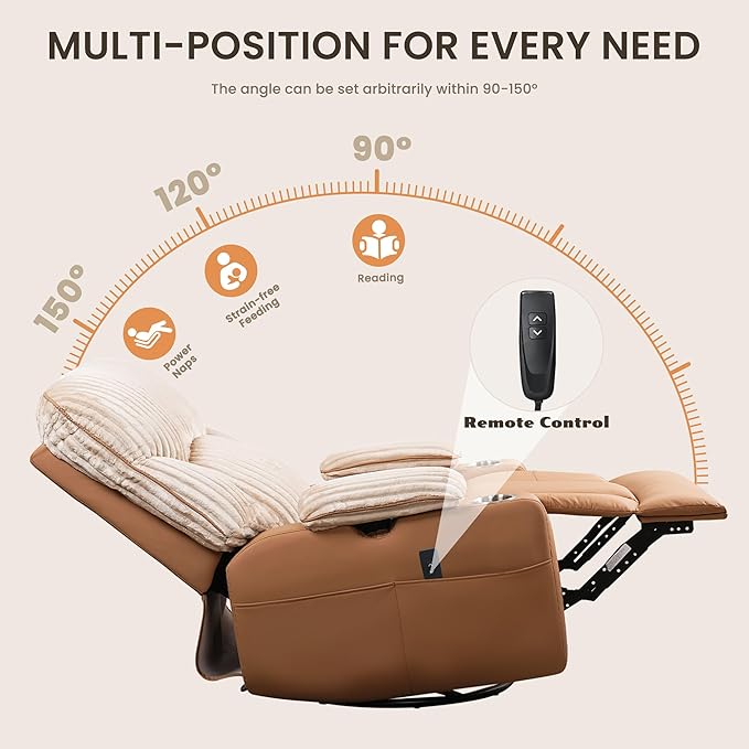 GRAINELL Rocking Chair Nursery, Electric Swivel Recliner Glider with Adjustable Armrests, Nursing Chair with USB Charger, Cup & Blanket Holders, Brown Corduroy & PU Leather