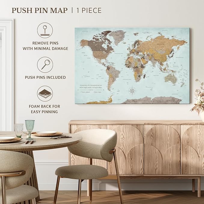 ElephantStock - A Thousand Miles World Push Pin Map Wall Art - Horizontal Canvas Wall Art - Living Room Wall Decor - Printmaking Map Canvas Art - Blue And Brown Decor - 12" x 8"