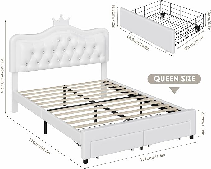 Keyluv Queen Upholstered LED Bed Frame with Storage Drawer, Leather Princess Platform Bed with Adjustable Crystal Button Tufted Crown Headboard, Solid Wooden Slats Support, No Box Spring Needed, White