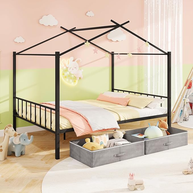 Giantex Full Size House Bed with 2 Storage Drawers, Metal Montessori Bed Frame with Headboard & Footboard, Full House Beds for Kids Girls Boys, No Box Spring Needed, Noise Free (Black)
