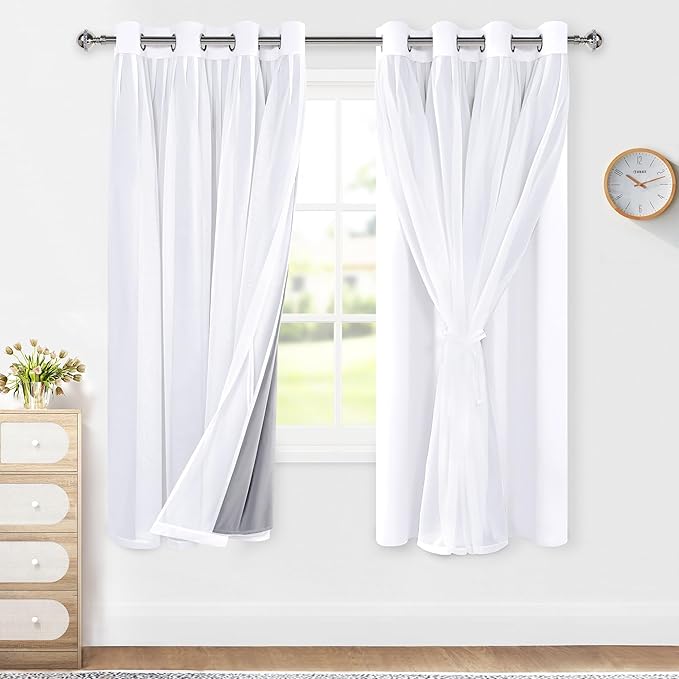 XWZO White Double Layer Curtains, 100% Blackout Curtains with Sheer Overlay for Nursery, Living Room, Children's Room, Grommet Thermal Insulated Privacy Curtains with Tiebacks, 2 Panels, 52x63