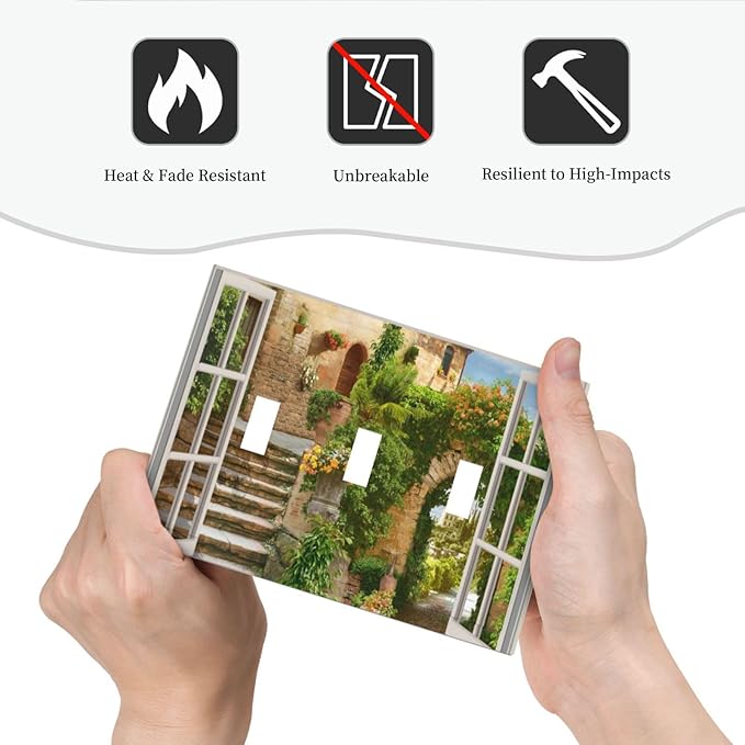 Mediterranean Greece Scene Flowers Triple Toggle Light Switch Cover 3 Gang Wall Plate Decorative Italian Town from Another Window Electrical Facplate for Bathroom Kitchen Home 6.7" x 4.8"