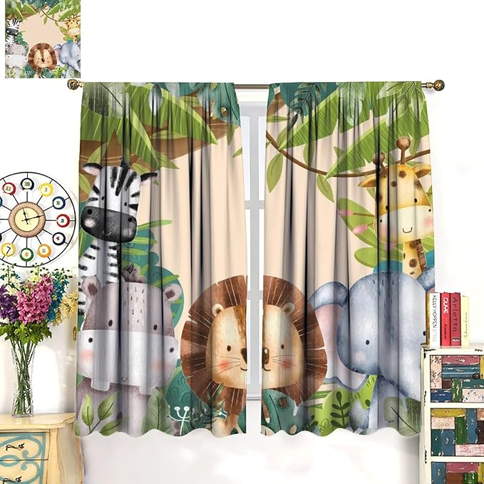 Jungle Animals Curtains Colorful Forest Cartoon Wildlife Lion Giraffe Elephant for Kids Boys Girls Nursery Bedroom Living Room Blackout Rod Pocket Decoration Window Drapes 2 Panels W31.5xL72in