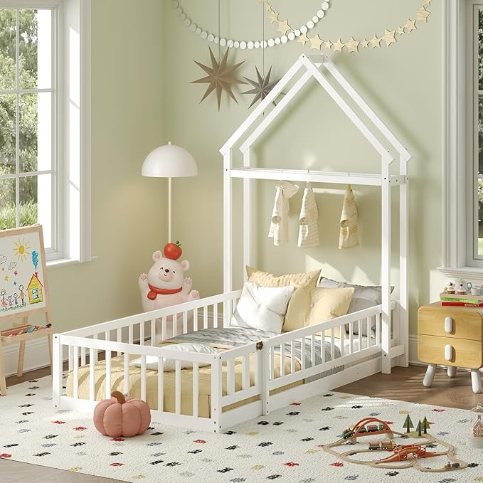 KOMFOTT Twin Size Floor Bed with House-Shaped Headboard, Kids Montessori Floor Bed with Detachable Clothes Hanger, Full Length Safety Guardrails, Door & Latch, Solid Wood Floor Bed Frame