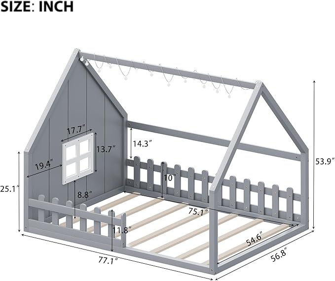 Merax Full-Size Wood House Bed with Window and Fence, Full Bed Frame for Teens, Boys, and Girls, Grey