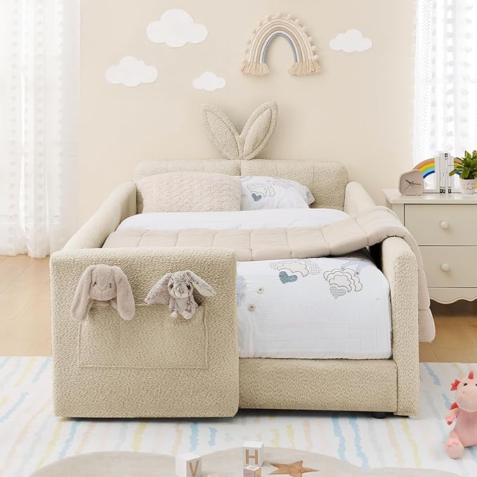 Twin Size Kids Bed with Rabbit Ear Headboard, Upholstered Boucle Fabric Twin Daybed with Slats Support & Side Pockets, Space-Saving Wooden Corner Sofa Couch Bed Frame, for Girls, Boys, Teenager(Camel)