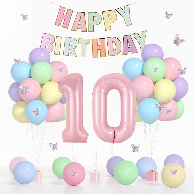 10th Birthday Decorations for Girl-12 inch Pastel Balloons, 32 Inch Pink 10 Balloon, 3D Butterflies Stickers, Happy Birthday Banner For Girl 10 Years Old BD Party Decorations