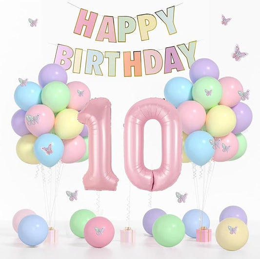 10th Birthday Decorations for Girl-12 inch Pastel Balloons, 32 Inch Pink 10 Balloon, 3D Butterflies Stickers, Happy Birthday Banner For Girl 10 Years Old BD Party Decorations
