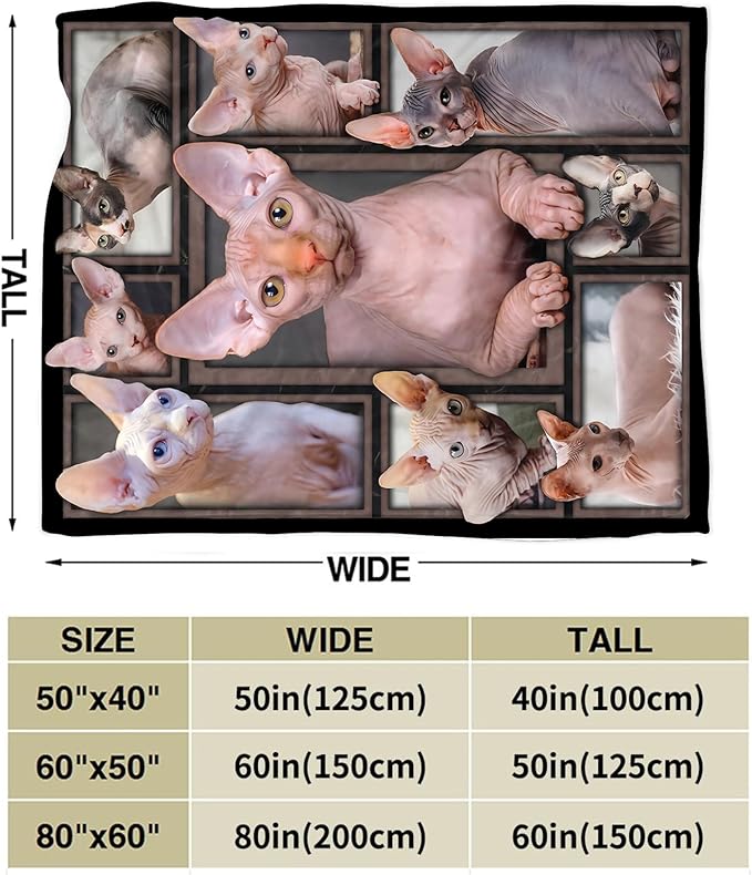 Sphynx Cat Gifts and Decor - Cute Throw Blanket for Girls, Women, Kids, Adults - Soft, Warm, Cozy Fleece Blanket for Couch, Sofa, Bed - 60"x50"