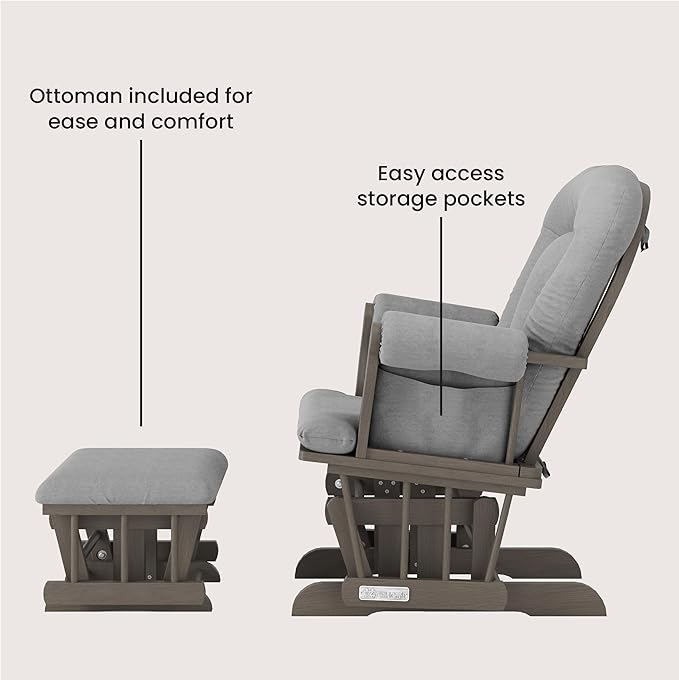 Child Craft Cozy Glider Rocker and Ottoman Set, Padded Cushion with Convenient Storage Pockets, Solid Wood Base & Frame (Dapper Gray with Light Gray Cushion)