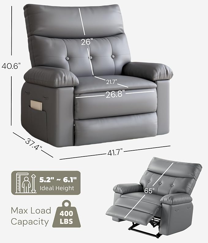 GarveeHome Extra Wide Recliner Chair - PU Leather Oversized Manual Recliner for Adults, Lazy Chair with 1.5X Sponge Comfort Arm and Back for Living Room, Bedroom